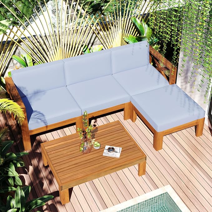 JIVOIT 5-Piece Outdoor Backyard Patio Set, Acacia Wood Sectional Sofa Seating Group Set with Tea Table and Cushions, Conversation Furniture Set for Garden Backyard Poolside