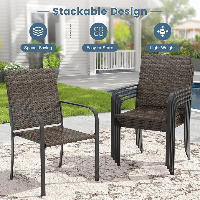 DIFY 5 Piece Outdoor Dining Set for 4, 40.2" Black Square Metal Dining Table with Umbrella Hole and Stackable Wicker Patio Chairs, All-Weather Patio Table and Chairs Set for Deck Garden Backyard