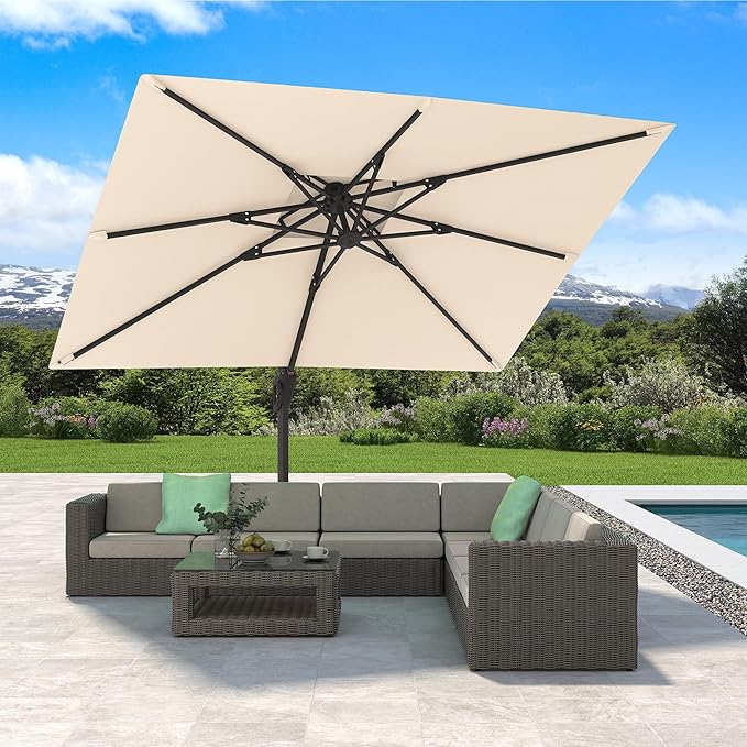 10' X 13' Cantilever Patio Umbrella Double Top Rectangular Outdoor Large Offset Umbrellas with 7 Tilts Adjustable 360°Rotation for Deck Pool Garden Backyard, Beige