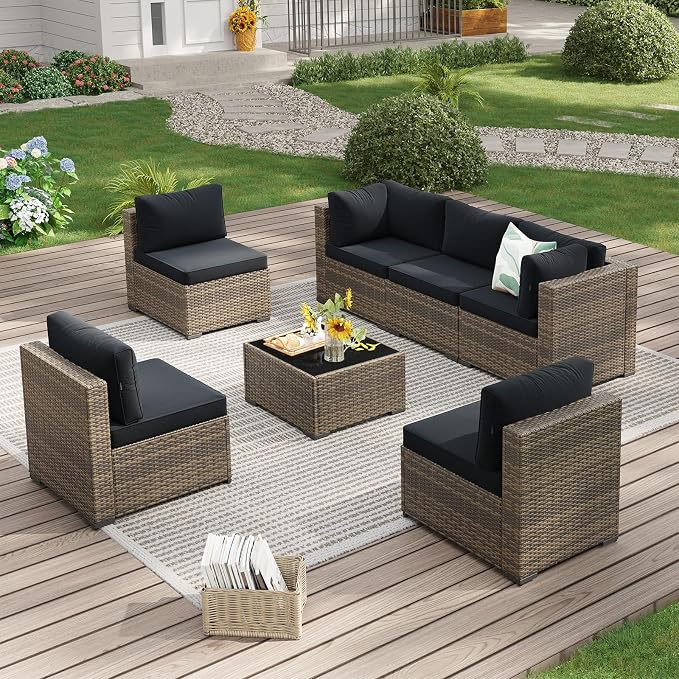 LazySunsets 7-Piece Patio Furniture Set, Wicker Rattan Outdoor Furniture with Thick Cushions, Patio Conversation Sets with Coffee Table, Outdoor Sectional Couch Sofa, Yellow Black