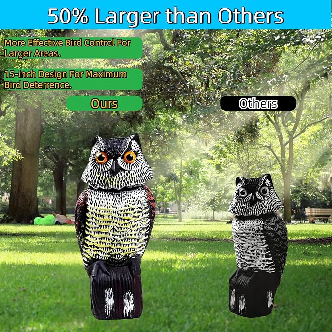 Hawk Decoy to Scare Birds Away - Owl & Hawk Garden Decoy Combo, 2X Protection Wind-Activated Bird Deterrent for Farms & Yards, 50% Larger Size (15")