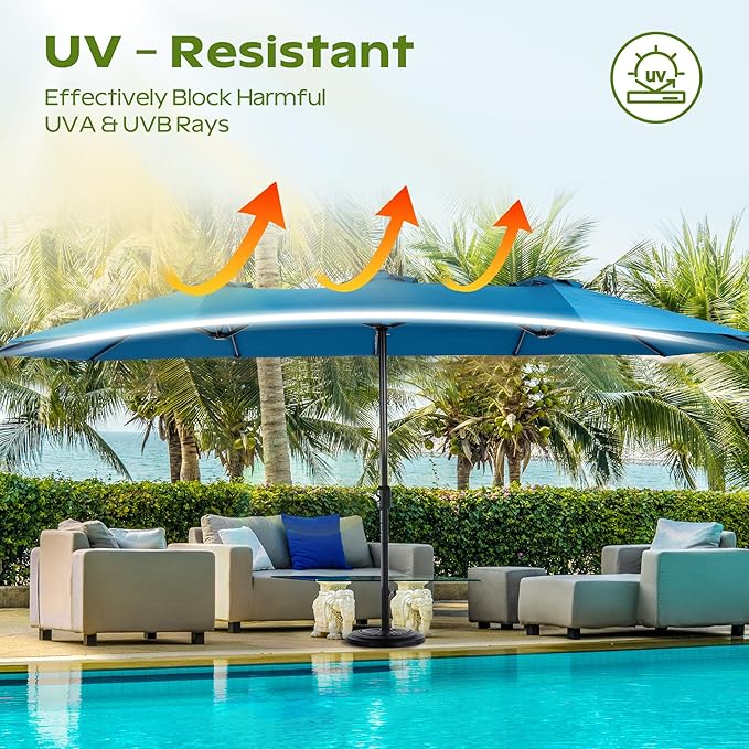 15ft Umbrella Outdoor Patio - Double-Sided Large Market Rectangle Umbrellas with Crank Handle for Patio Garden Yard Pool (No Base)