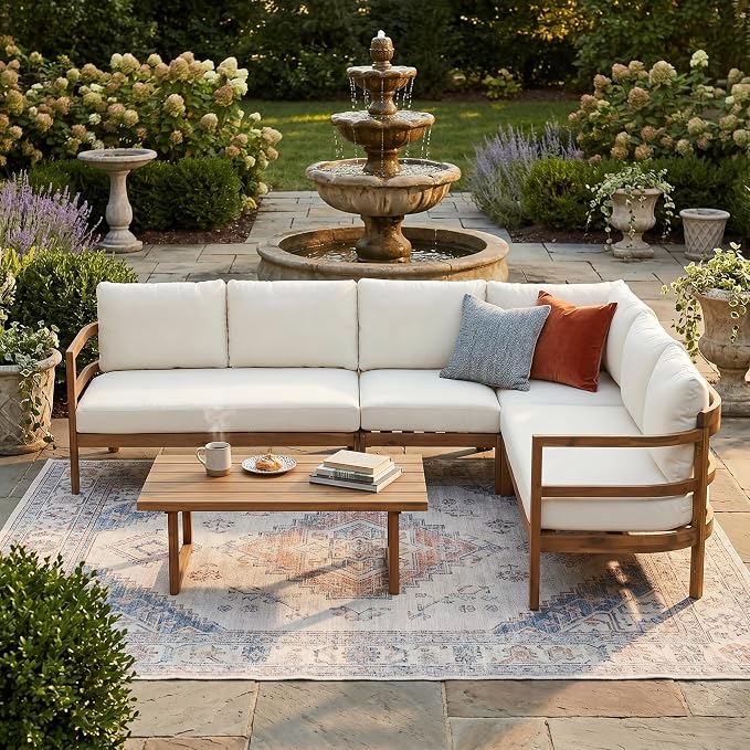 Merax Outdoor Acacia Wood 5-Seater Sectional Sofa Set with Cushions, Solid Wood Patio Modular Lounge with Corner & Table for Balcony, Deck, Porch, Garden, Beige + Light Brown