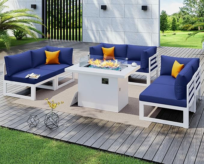 NICESOUL 7 Piece L-Shaped Contemporary Aluminum Outdoor Furniture Set with Firepit, 29" Deep Wide Large Couch Set, 500 lbs High Weight Capacity Modular Patio Sectional Sofa for Garden Lawn, Navy Blue