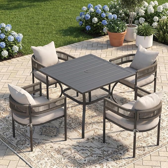 VICLLAX Patio Dining Set for 4-37.8" Square Table & Cushioned Seats, Black