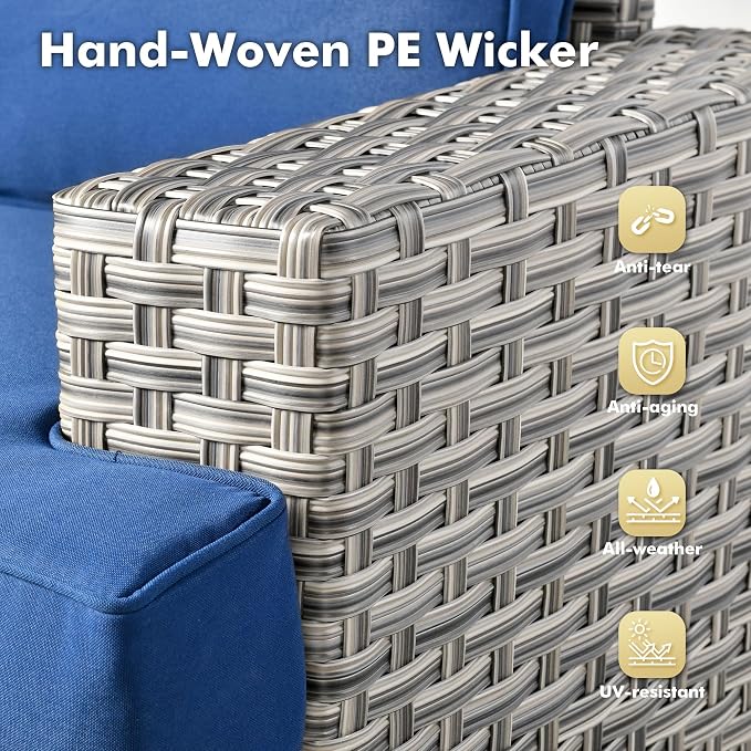 Weaxty 9 Pieces Patio Furniture Set, Outdoor Sectional Furniture Sofa Set w/Swivel Rocking Chairs Coffee Table, PE Wicker Modular Couch Conversation Set for Backyard Garden,Navy Blue