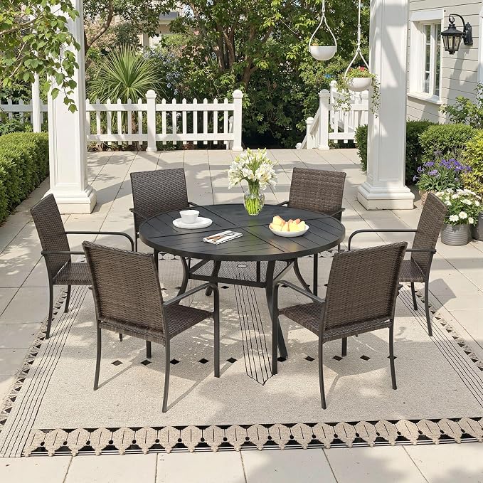 Outdoor Dining Set for 6, 47.3" Metal Round Outdoor Dining Table with Umbrella Hole and Wicker Stackable Patio Chairs, 7 Pieces Patio Table and Chairs Set for Garden Backyard, Black