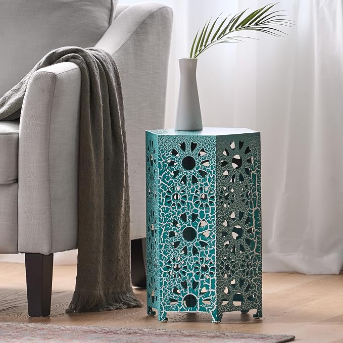 12" Outdoor Side Table, Decorative Cutout Metal Side Table, Multi Functional - Coffee Table, Night Stand, Plant Stand for Patio, Garden, Backyard, Gazebo Indoor (Teal)