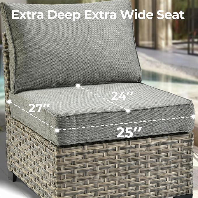 HOOOWOOO Sectional Patio Furniture Set with Fire Pit Table,7 Pieces Wicker Outdoor Furniture L Shaped Couch,Outside Conversation Set with Extra Deep Seat Sofa Wide Arm Solar Light Table,Charcoal Gray
