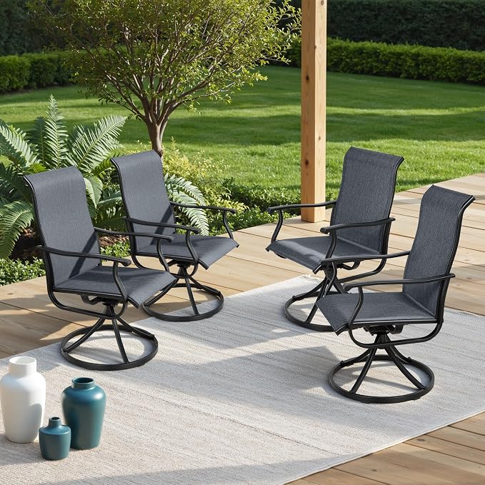 Crownland Outdoor Swivel Dining Chair Set of 6, All Weather 360° Swivel Rocking High Back Model Patio Dining Chairs, Textilene Fabric Wrought Iron Dining Chair Set for Backyard, Lawn, Garden(Black)