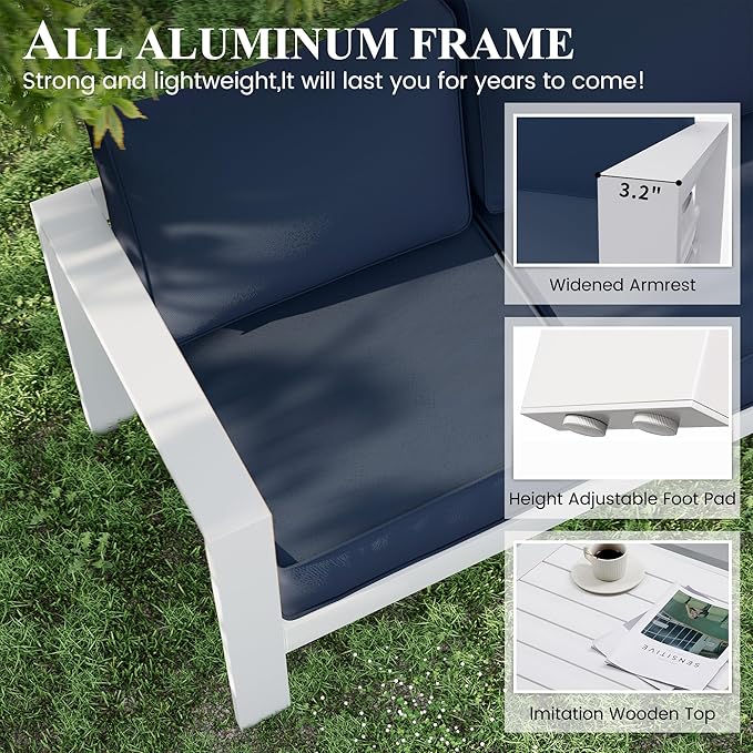 Aluminum Patio Furniture Set, Loveseat Outdoor Set with 5 Inch Cushions, Patio Loveseat Sets with Waterproof Covers for Backyard Garden(White&Blue)