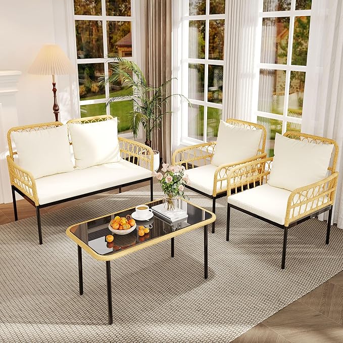 4 Pieces Outdoor Patio Furniture Set with Table - Rattan Balcony Furniture for Porch or Deck, Includes Chaise Lounge, 2 Armchairs with Cushions and Pillows for Porch Backyard Lawn Poolside Deck, Beige