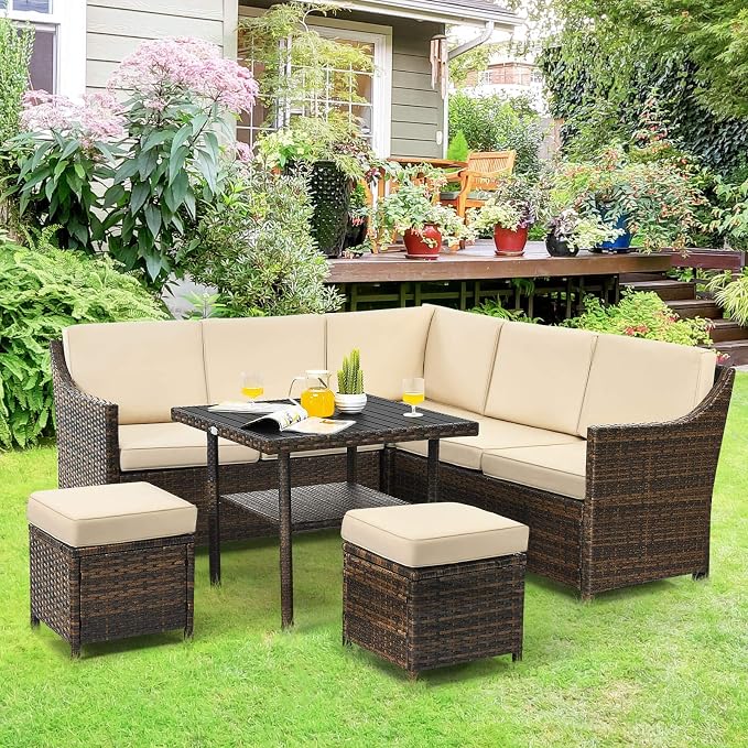 Tangkula Wicker Outdoor Dining Set, 6 Piece PE Rattan Wicker Sectional Corner Sofa Set with Dining Table, 2 Ottomans, Suitable for Garden, Patio, Poolside, Lawn and Balcony, Patio Furniture Set