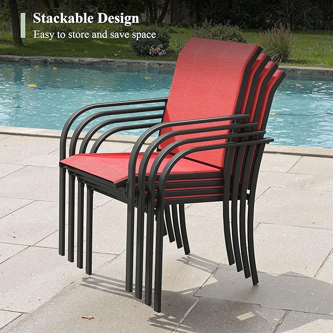 Patio Table and Chairs Set for 8, Outdoor Dining Set with 8 Stackable Dining Chairs and 53" x 53" Metal Slatted Round Dining Table for Porch, Deck, Lawn, Garden, Red & Black