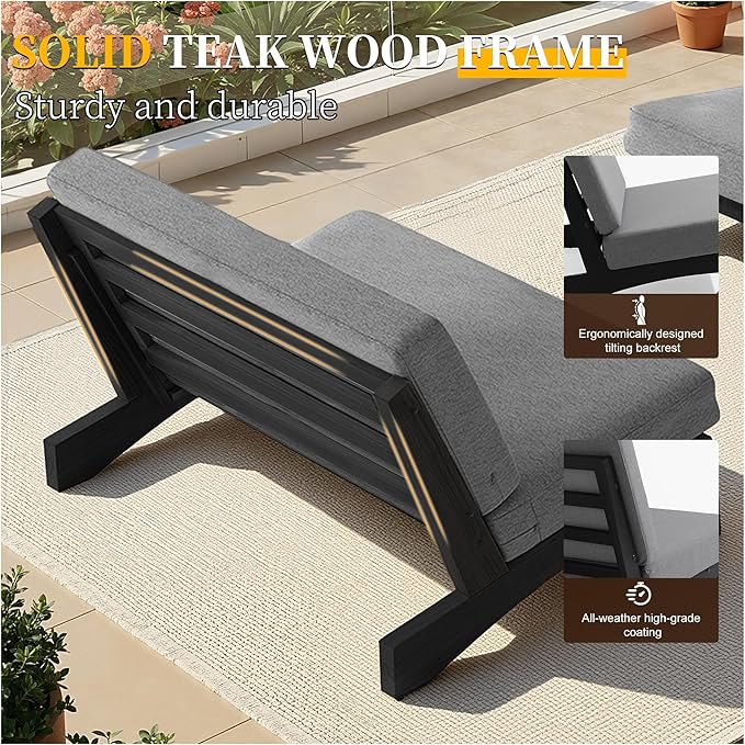 UIXE 7 Pieces Black Wood Patio Furniture Sets, 2 Patio Loveseat, 4 Patio Bistro Chair, All Weather Outdoor Sectional Sofa Furniture Backyard Conversation Set with Coffee Table - Gray