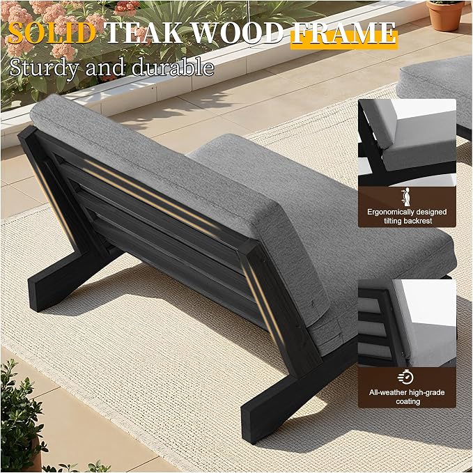 4 Piece Teak Outdoor Patio Frutnire Set, 4 Seater Patio Conversation Sets with Thick Cushions, Outdoor Sectional Furniture with Coffee Table - Gray