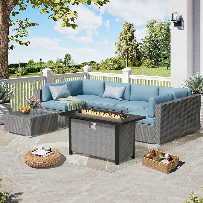 8 Pieces Outdoor Patio Furniture Set with 45” Propane Gas Firepit Table, Grey Wicker Patio Sectional Sofa Set, Outdoor Couch with Cushion and Tempered Glass Table, Sky Blue