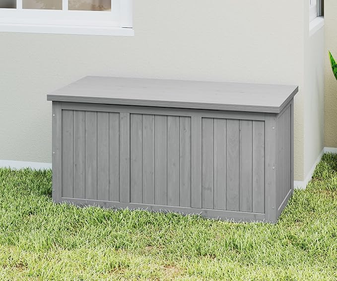 Mederlo 67 Gallon Outdoor Wooden Deck Box Solid Wood Storage Box Seat & Table Top for Patio Furniture Cushions, Pool Toys & Garden Tools