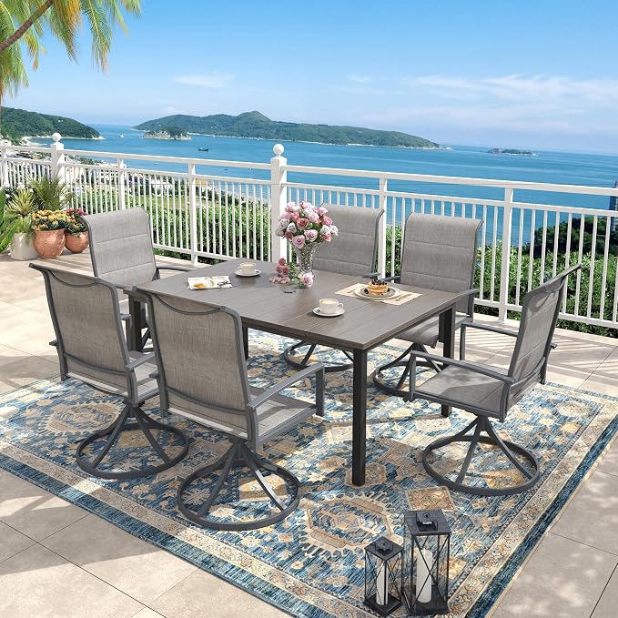Outdoor Dining Set for 6, 63" Outdoor Dining Table with Umbrella Hole and Padded Textilene Patio Swivel Chairs, 7 Pieces Patio Table and Chairs Set for Garden Backyard, Grey