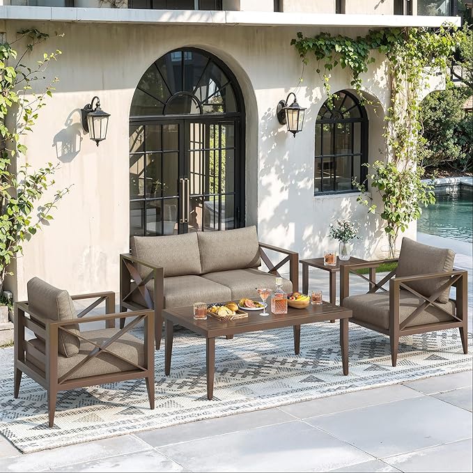 Aluminum 4-Seats Outdoor Patio Furniture Set, Sectional Conversation Sofa Set with 5.2" Thick Cushions & Coffee Tables,Rust-Resistant Frame Seating Sofa for Porch, Garden, Backyard, Brown