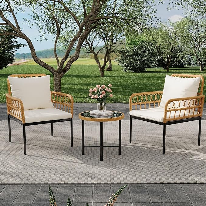 GarveeLife Wicker 3 Pieces Patio Bistro Sets Outdoor Conversation Sets with Glass Top Side Table and 2 Modern Rattan Chairs, Patio Furniture Set for Apartment, Backyard, Porch, Balcony, Lawn (Beige)