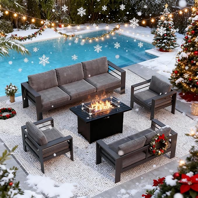 Patio Conversation Sets, Aluminum Outdoor Couch Sets with Propane Fire Pit Table, All-Weather Patio Couch with 5" Thick Soft Cushion and 43'' Firepit Table, Outdoor Sofa Sets for Balcony, Dark Gray
