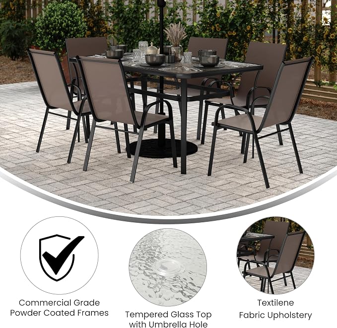 EMMA + OLIVER Bartlett 7-Piece Outdoor Dining Set, Patio Table with Tempered Glass Top and Umbrella Hole, 6 Flex Comfort Textilene Stack Chairs, 60", Brown/Black