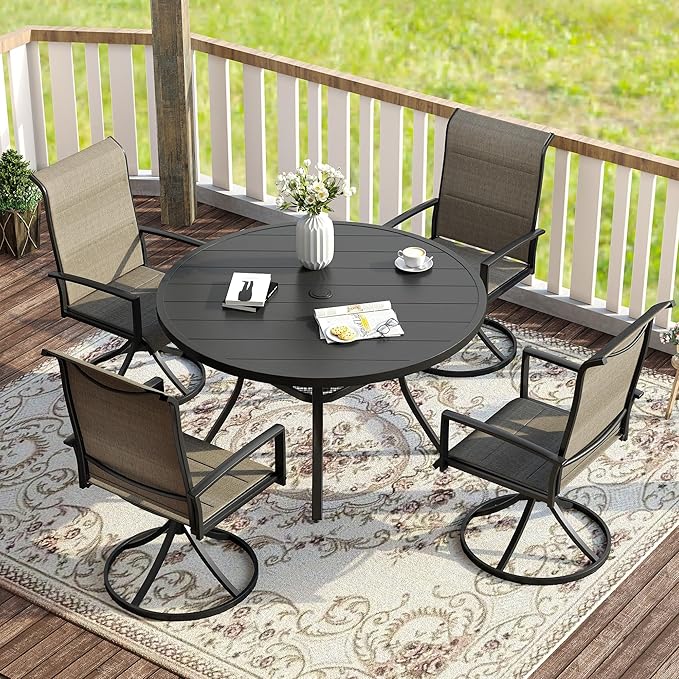 VICLLAX Patio Dining Set for 4, 5 Pieces Outdoor Furniture Set- 40.7" Round Outdoor Table and Swivel Padded Chairs, Black Tabletop and Mixed Brown Fabric