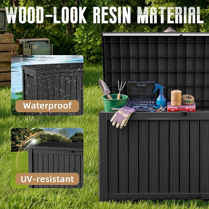 Vixzen 200 Gallon Deck Boxes Outdoor Waterproof, Large Resin Lockable Storage Box with lid for Patio Furniture Cushions, Weatherproof Outdoor Storage Boxes for Garden Tools & Pool Accessories(Black)