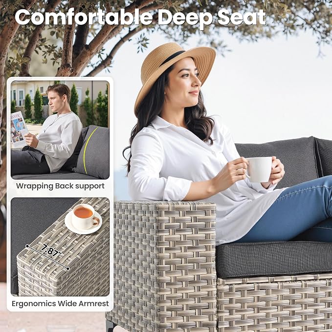 ovios 8-Piece Patio Furniture Set with L-Shape Sofa Chaise, Outdoor Sectional Couch Swivel Gliders, Modern Modular Wicker Rattan Conversation Set, Black