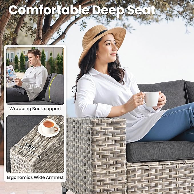 ovios 9-Piece Patio Furniture Set with L-Shape Sofa Chaise, Outdoor Sectional Couch Swivel Gliders Fire Pit Table, Modern Modular Wicker Rattan Conversation Set, Black