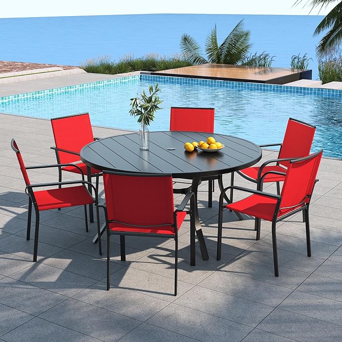 Anmutig Large 54 inch Patio Round Table and Chairs Furniture Set for Garden,Porch, Outdoor 6 Stackable Chairs with Cherry Red Textilene