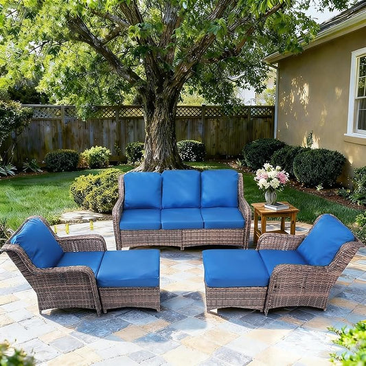 Wicker Patio Furniture Set, 33" High Back Chairs with 4" Thick Cushions, 5 Pieces Outdoor Seating Furniture, Conversation Set with Ottomans for Lawn Yard Porch, Blue