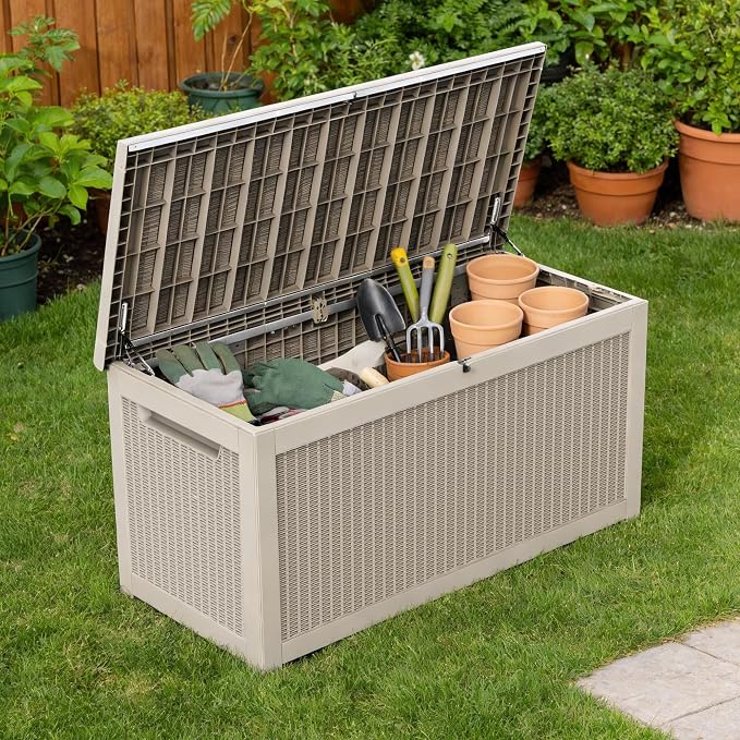 320 Gallon Heavy Duty Wicker Outdoor Storage Box, Weather Resistant Rattan Textured Lockable Large Container for Backyard, Pool & Patio Bulk Outdoor Item Storage (Grey,320GAL)