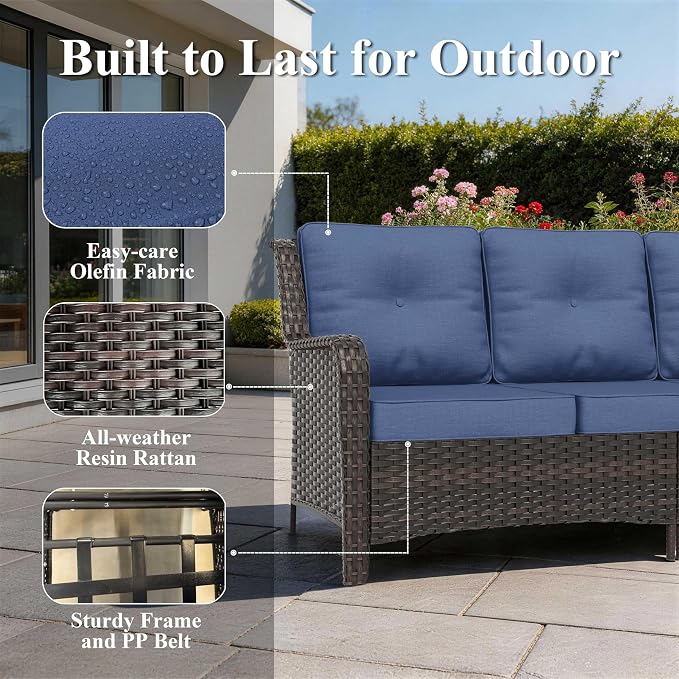 7-Piece Patio Furniture Set, Thick Wicker Outdoor Furniture Set with 2 Swivel Chairs, Outdoor Sectional Sofa with Fire Pit Table, Patio Conversation Set for Backyard, Porch, Deck, Dark Blue