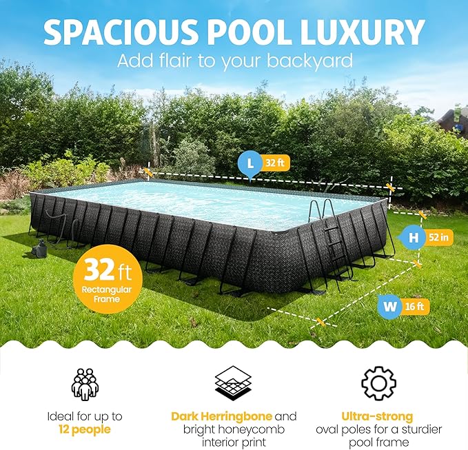 Funsicle Oasis Designer 32' x 16' x 52" Rectangular Above Ground Swimming Pool Set with Sand Filter Pump, Ladder & Maintenance Kit – Easy Setup for Backyard Fun