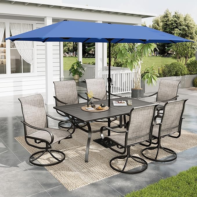 Sophia & William Patio Set with Umbrella 8 Pieces Outdoor Dining Set for 6 with 13ft Large Patio Umbrella Navy, 6 x Swivel Patio Chairs with 59" Dining Table for Lawn Garden