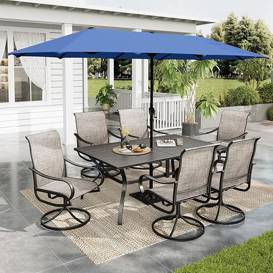 Sophia & William Patio Set with Umbrella 8 Pieces Outdoor Dining Set for 6 with 13ft Large Patio Umbrella Navy, 6 x Swivel Patio Chairs with 59" Dining Table for Lawn Garden