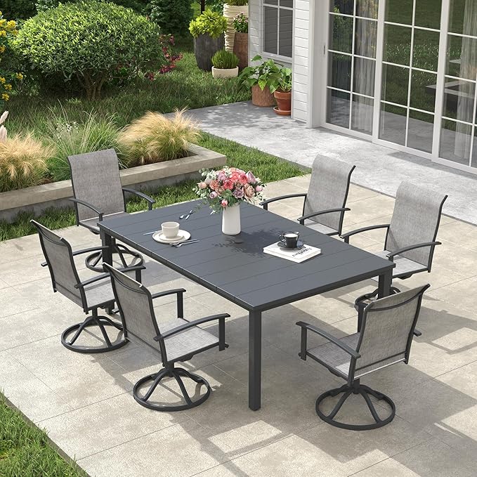 VICLLAX 7 Pieces Patio Dining Set, Patio Furniture Set of Metal Outdoor Table with Umbrella Hole and 6 Swivel Patio Chairs for Backyard Lawn, Grey & Dark Grey