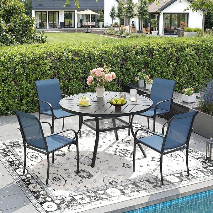 DIFY 5 Pieces Outdoor Patio Dining Set for 4, 40.6" Black Round Metal Dining Table and 4 Blue Stackable Sling Dining Chairs, Outdoor Table and Chairs for Lawn Garden Backyard Deck