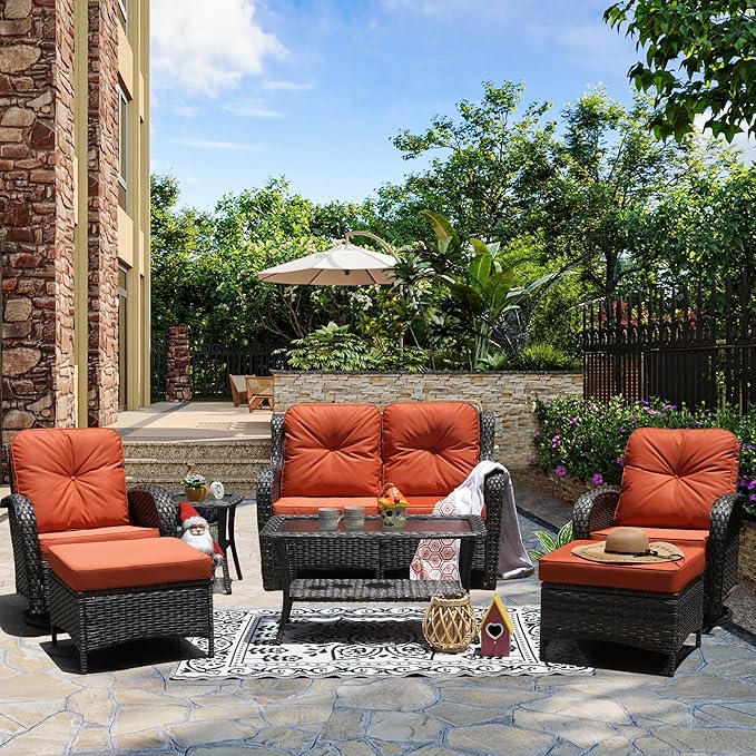 7-Piece Outdoor Patio Conversation Set with Storage Table, All Weather Wicker Rattan Conversation Set with Ottomans, Outdoor Sectional Swivel Rocking Chair for Patio, Porch,Red