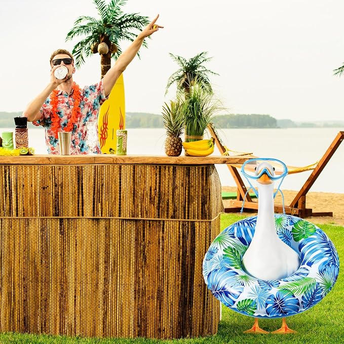 Aliceset 2 Pcs Summer Porch Goose Outfits Hawaiian Pool Goose Cloth Costume Swimsuit with Swim Ring Sunglasses, Fits 23'' Lawn Statue for Patio Yard Garden Outdoor Decor(Palm Style)