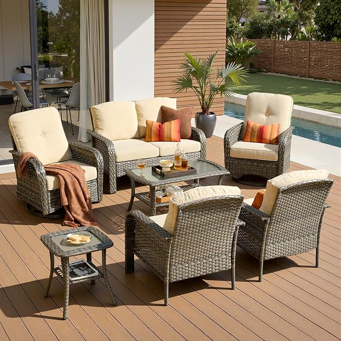 7-Piece Patio Furniture Set, Outdoor Wicker Furniture with Coffee Table, High Back Swivel Rocker Patio Chairs, Modern Rattan Outdoor Chairs Conversation Set for Porch, Balcony, Garden, Beige