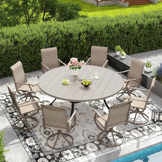 DIFY Outdoor Dining Set for 8, 9 Piece Patio Table and Chairs Set, Swivel Patio Chairs with Sandshell Textilene & 63" Grey Wood-Like Round Metal Dining Table with Umbrella Hole, for Garden Backyard