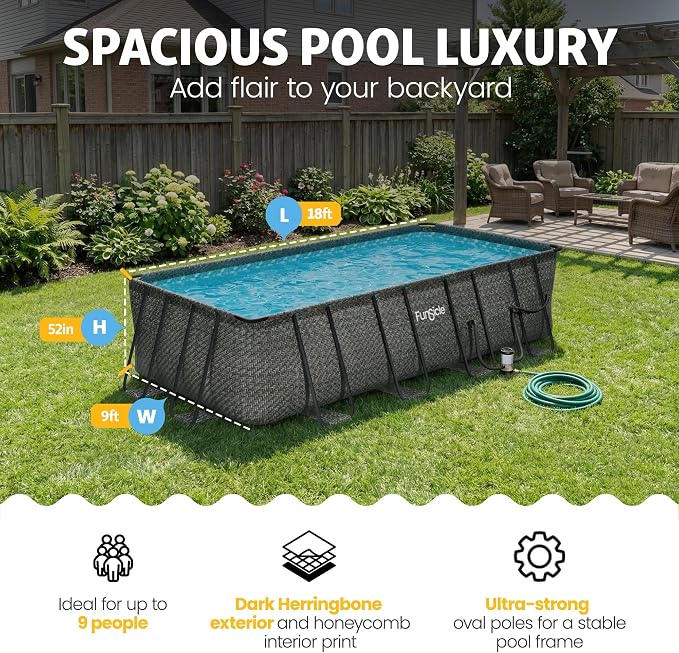 Funsicle Oasis Designer Lap 18' x 9'x 52" Rectangular Above Ground Swimming Pool, with FiltraBoost 1200 GPH Filter Pump, Ladder, Maintenance Kit, Cover, Ground Cloth & Repair Patch, Dark Herringbone