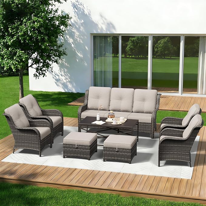 8 Piece Outdoor Wicker Patio Furniture Set, Patio Chairs Set with Thickened Olefin Cushions, High Back and Deep Seating, Hand-Woven PE Rattan, Ottoman for Porch, Deck