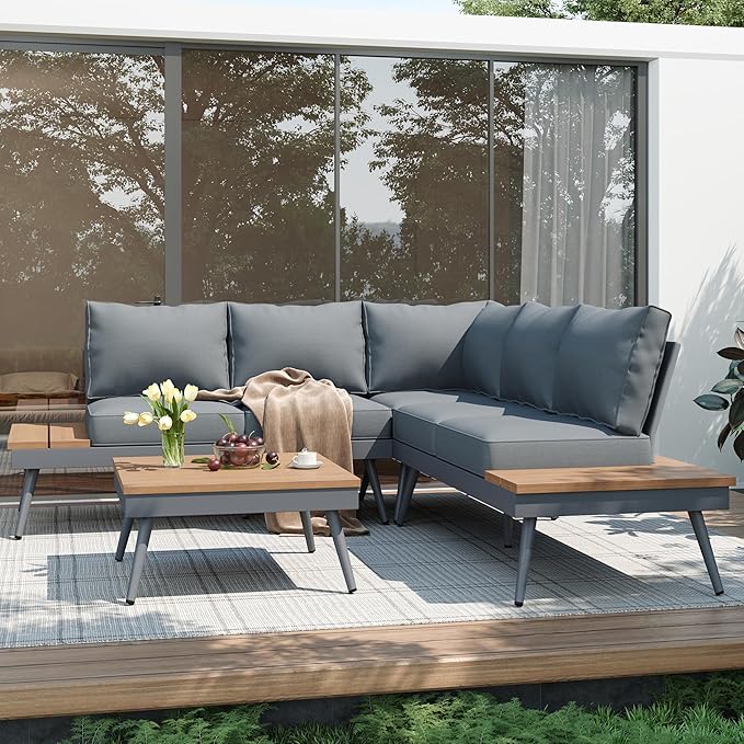 Christopher Knight Home Lofye Outdoor Aluminum Sectional Sofa Set with Coffee Table, Modular Patio Conversation Set, 5-Seater Seating Group Chat Set for Porch Backyard Balcony, 94.5‘’, Natural + Gray
