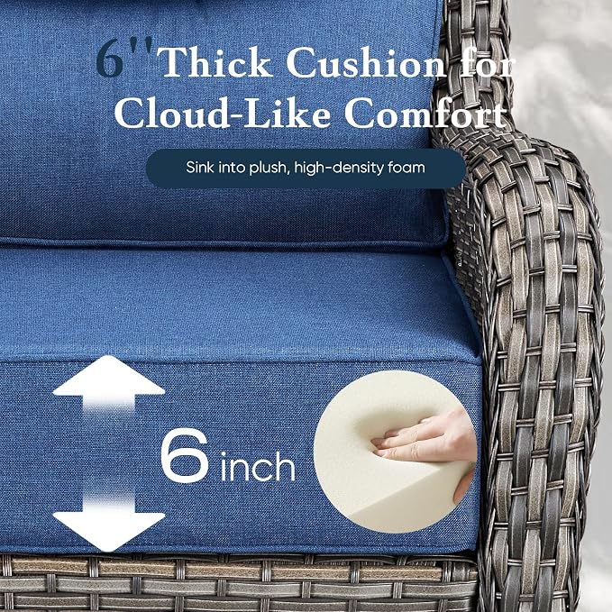 Belord Luxury 6" Thick Cushioned 10 Pieces Patio Furniture Set with Outdoor Couch, Wicker Outdoor Conversation Set with High Back Swivel Rocker Chairs for Deck Porch Yard and Poolside - Grey+Blue