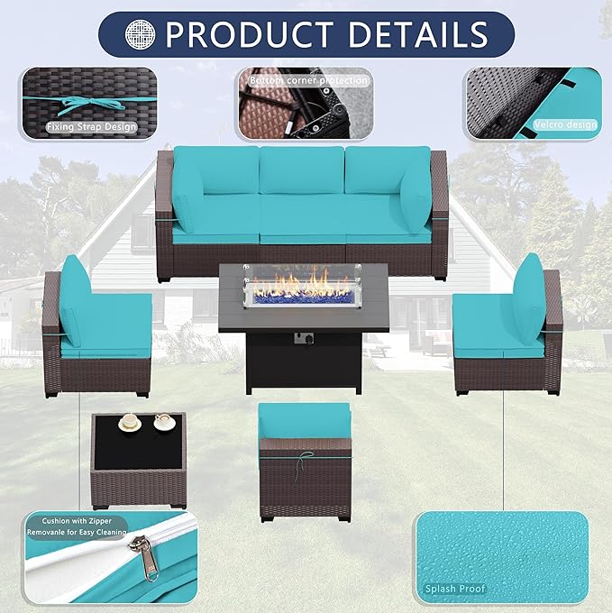 Outdoor Terrace Furniture Set, 8 Piece Outdoor Furniture Set, with 43 inch Aluminum 55004 BTU Propane fire Pit, PE Willow Vine Terrace Dialogue Set - Teal.