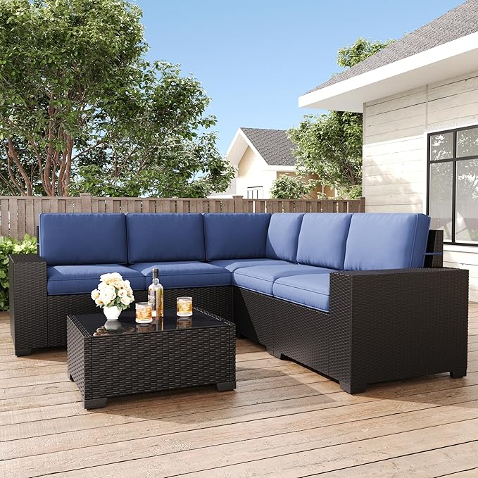 LayinSun 6 Pieces Patio Furniture Set, Black Rattan Modular Sectional Outdoor Conversation Sofa Set
